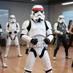 photo of a stormtrooper in an aerobic class, 1 9 8 0 s, wearing sweatband