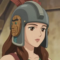 anime boyish natalie portman side, wooden aztec face helmet, close - up nose, centered, cel shaded, portrait, pantone, 1 2 bit