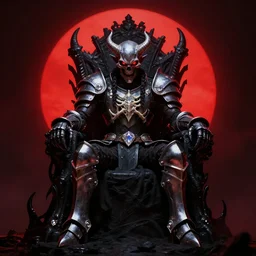 a dark matter schizophrenia sphare limbo digital art angry demon in iron armor and dragon bones with diamonds sits on the black throne of death and looks with red eyes into the darkness against the background of a bright red sun