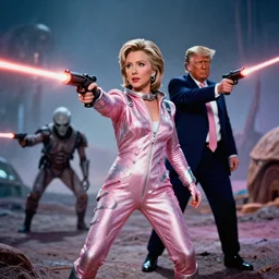 a portrait of hillary clinton and donald trump as barbarella wearing a rocknroll glamour spacesuit, beautiful, heroic action pose firing laser guns, soft focus, depth of field, stunning alien landscape, cinematic, film grain, wide shot, in the style of kubrick, ridley scott, jodorowsky, dune, star wars, unreal engine