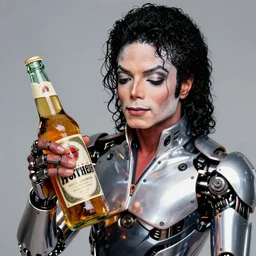 cyborg michael jackson holding a huge bottle of beer, real life skin, intricate, high detailed, artstation, concept art, smooth, sharp focus, art by artgerm and greg rutkowski