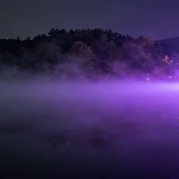 Stunning 4K night photograph of a lake covered in purple mist.