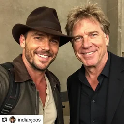 chris pratt as indiana jones taking a selfie with harrison ford, instagram, cinematic, natural lighting, genuine smile