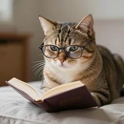 realistic photo of a cat with glasses reading a book on a pillow, 8 k resolution, realistic, unreal engine, hyperrealism