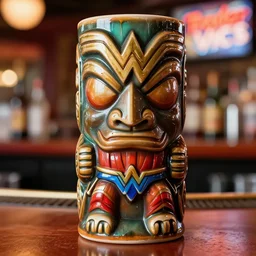 a closeup photorealistic photograph of wonder woman themed tiki mug at trader vic's bar. brightly lit scene. this 4 k hd image is trending on artstation, featured on behance, well - rendered, extra crisp, features intricate detail, epic composition and the style of unreal engine.