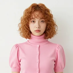 haru has chin - length curly light auburn hair and brown eyes. she wears a pink turtleneck cardigan with short puffed sleeves and a long - sleeved white shirt underneath. she wears the standard black and red tartan skirt, white tights with a black flower pattern and black mary jane shoes.