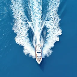 vector art, birds eye view, a boat speeding across fresh blue water, the boat wake leaves a beautiful geometric pattern with white foamy lines in the blue water. fast moving boat creates a geometric visual in its wake