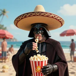 darth voldemort wearing a mexican sombrero, eating popcorn in the beach, unreal engine 5, photorealism, hd quality, 8 k resolution, cinema 4 d, 3 d, cinematic, art by artgerm and greg rutkowski and alphonse mucha and loish and wlop