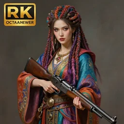 an anthropomorphic beautiful goddess female wizard portrait holding rifle wearing colourful robe, colourful dreadlock breed hair, fine art, award winning, intricate, elegant, sharp focus, octane render, hyperrealistic, cinematic lighting, highly detailed, digital painting, 8 k concept art, art by jamie hewlett masterpiece, trending on artstation, 8 k