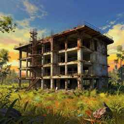 a beautiful hyperdetailed illustration of urbex building unfinished building industrial architecture bungalow nature by i. m. pei, thermal vision vaporwave meadow steampunk mars retrowave san andreas darkacademia wilderness, archdaily, wallpaper, highly detailed, trending on artstation.