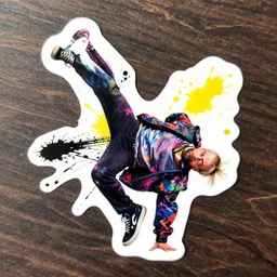 die cut sticker, walter white breakdancing in techwear splatter paint