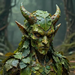 macro long depth field portrait of a realistic devil made of leaves, headdress, wide aperture, dramatic light, dystopian environment, intricate, highly detailed, artstation, sharp focus, artgerm