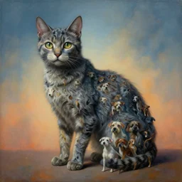 painting of cat body made of multiple tiny dogs, by zdzislaw beksinski, by dariusz zawadzki, by wayne barlowe, amazing details, gothic, surrealism, cosmic horror, lovecraftian, cold hue's, warm tone gradient background, concept art, beautiful composition