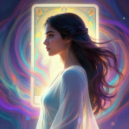 side portrait, maya ali, wind sorcerer, gloomhaven, soft, smooth, luminescent, art nouveau tarot, backlit glow, colorful swirly ripples, gaudy colors, aesthetic octane render, unreal engine, 8 k, by greg rutkowski, jesper ejsing, rhads, lois van baarle, ilya kuvshinov
