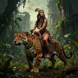 a beautiful cute tribal woman riding a mutated jaguar in a post apocalyptic city overgrown with lush vegetation, by Luis Royo, by Greg Rutkowski, dark, gritty, intricate, backlit, strong rimlight, cover illustration, concept art, volumetric lighting, volumetric atmosphere,sharp focus, octane render, trending on artstation, 8k