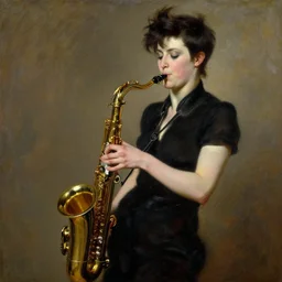 Punk girl playing saxophone by Mario Testino, oil painting by Lawrence Alma-Tadema