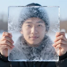 see through clear sheet of ice in front of person