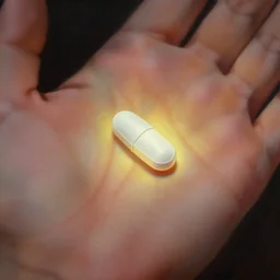 close - up of a glowing pill on the palm of a hand, painting, detailed, illustration digital drawing, smooth, sharp focus, unreal engine, realistic lightning. artist artgerm, greg rutkowski, moebius
