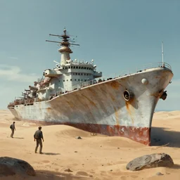 an old aircraft carrier stranded and forgotten on a desert by david palumbo and raymond swanland and zack snyder sharp digital painting. dreaming latent space. matte painting, concept art. artstation. digital render. realistic, 8 k