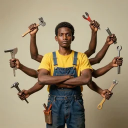 a young kali man with 8 arms holding multiple carpentry tools, by beeple
