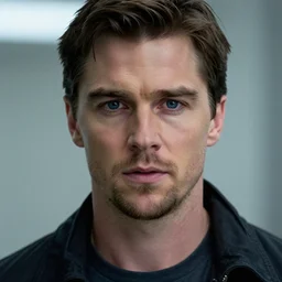 film still of Christian Bale as Cobb with dark blue eyes in Inception, 4k