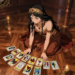 Digital anime art by WLOP and Rembrandt, A beautiful gypsy woman, kneeling on floor, polished wooden floorboards, laying out Tarot cards, highly detailed, intriguing lighting