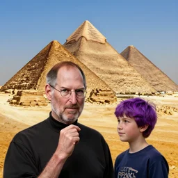landscape, steve jobs and a boy with purple hair in front of the pyramids, hyperrealism, intricate, 8 k, high detail