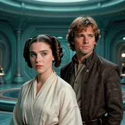 screenshot portrait of Princess Leia and Han Solo in a teal, round Temple scene from 1980s film by Stanley Kubrick, 4k serene, iconic shot, surreal sci fi set design, photoreal portrait Carrie fischer and Harrison Ford, detailed face, moody lighting stunning cinematography, hyper detailed, sharp, anamorphic lenses, kodak color film