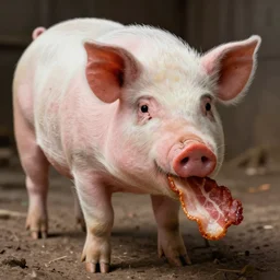 a pig eating a rasher of bacon. detailed, realistic, digital painting,