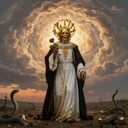 rembrandt style golden saint zombie character wearing white and black victorian robe with an aureola made of golden cactae over the head and holding a rose, with warm backlight.  whirlpool of clouds forming an angelic circle in the background. sunset light. beneath there's a barren land with serpents. apocalyptic. low angle.