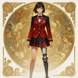 a digital, character concept art by artgerm and greg rutkowski and alphonse mucha. clear portrait of an attractive school girl in uniform!! cyber leg prosthesis!! light effect. red black and little golden laser straps. hyper detailed, glowing lights!! intricate, elegant, digital painting, artstation, smooth, sharp focus