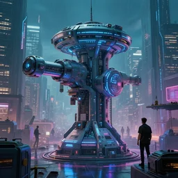 teleportation machine in a cyberpunk world, with people using it to travel around the city by clive madgwick