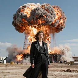 fashion editorial in front of nuclear explosion cloud. wide angle shot. highly detailed. depth of field. high definition. 8k. photography.