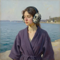 an oil painting of a waterfront robe worn by a magnet earmuff