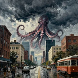 raining. dark clouds with stormy squid tentacles in sky. very low angle. very detailed painting by gustave caillebotte, futuristic. dreamlike. weird. horrific. wet asphalt. city street at 1 9 5 0 s. low angle. old photo. atmospheric. skyscrapers. vivid colours, mysterious. epic scene. trending on trainstation. 4 k. very high detailed.