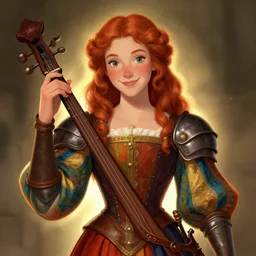 fantasy portrait of a happy young women with red hair and freckles, slight smile, renaissance colorful dress, leather armor, music instrument in hand, backlit, made by N.C. Wyeth and Karol Bak, Artstation, 2d digital art, sfw,