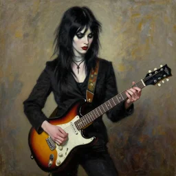 Goth girl playing electric guitar by Mario Testino, oil painting by Picasso