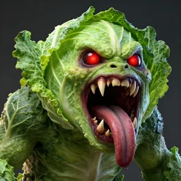 horrific realistic cabbage monster with fangs and a forked tongue, by stephen bliss, unreal engine, loish, rhads very big, vibrant colors, red glowing eyes, concept art, detailed