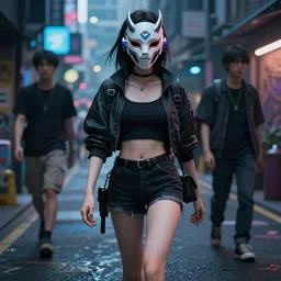 cyberpunk anime girl walk on the street, cyberpunk oni mask, 3 / 4 shot, street night, beautiful face, grafity, arcane, detail, good face, pose model, concept art, in style of yoji shinkawa, pan ren wei, col price, atey ghailan, by greg rutkowski, aesthetic, digital painting, 3 d
