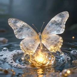 transparent marble butterfly, flowing water, glowing gold embers, spiritual vibes, glass flame, amaro, art nouveau, foamy bubbles, redshift render, cgi, 3 d, hyper - detailed, ultra - realistic, photo - bash, 8 k post - production, masterpiece