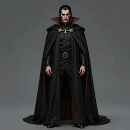 a vampire, male, late - 4 0 s aged, long, slicked black hair, clean shaven, wearing a cape, regal, royal, grim facial expression, high fantasy, full color digital art, cinematic shot, full body shot.