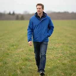 steven bonnell ii in a blue jacket walking in a field, portrait photography, sony a 7 siii