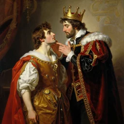 attractive fully clothed king confesses his love for his attractive fully clothed male prince. highly detailed painting by gaston bussiere, craig mullins, daniel f. gerhartz, j. c. leyendecker 8 k