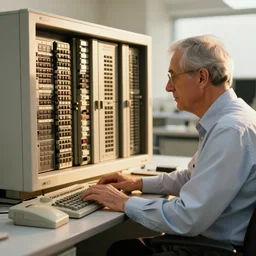 old school programmer working on a mainframe computer, golden hour, elegant, high quality, striking, high contrast, very detailed, bright colours, smooth, fluid, coherent, high quality, dramatic lighting, by mort kunstler and alex ross and magali villeneuve and mucha