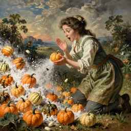 A female gardener gets surprised by an avalanche of little pumpkins. high detail. Rococo painting