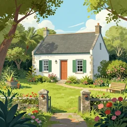 a typical house in a creole garden from reunion island illustration by jamie mckelvie, trending on artstation