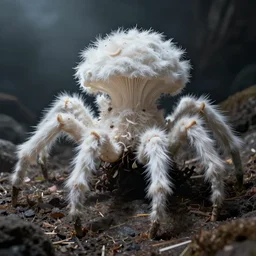 “ ominous sci - fi monster white fuzzy fungus with spider - like legs style of gerald brom ”