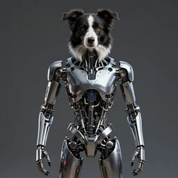a border collie remagined as a t - 8 0 0, skynet, metallic, robotic, stainless steel, from the terminator series, photorealist, detailed photo, symmetrical, intricate digital art, trending artstation, artgem, 8 k, ultra high definition