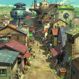 Street scene, establishing shot of a scifi shanty town favela Street scenery with color full metal rooftops and wooden and concrete walls, intricate Details, illustration , in the style of Studio ghibli, tekkon kinkreet, akira, breath of the wild, myazaki, anime, clean render, denoise, rule of thirds