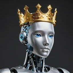a poster of a beautiful silver robot android head with a crown made of golden quantum computer on his head, an album cover by japanese rock band nautilus pompilius, reddit contest winner, antipodeans, antichrist, official art, artwork